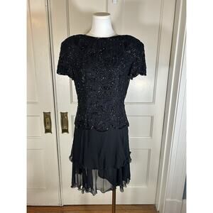 Laurence Kazar Silk Beaded Tiered Sheath Dress Womens Size Medium Black Classic